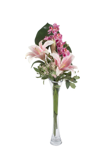 LIRIOS E ORQUIDEAS ROSA EM VIDRO 70CM Cod: A6705