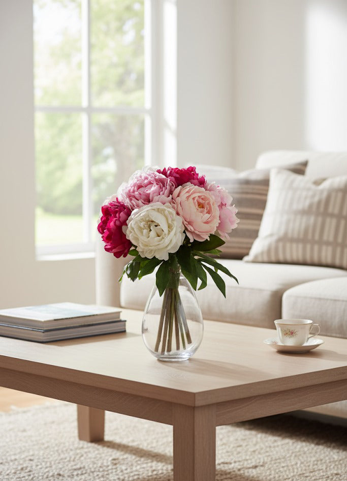 PEONIAS EM VASO DE VIDRO 53CM Cod: A7004