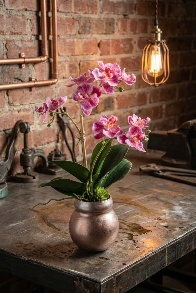 ORQ. PHALAENOPSIS MINI MAGENTA NO VIDRO COBRE, 32CM Cod: A7171