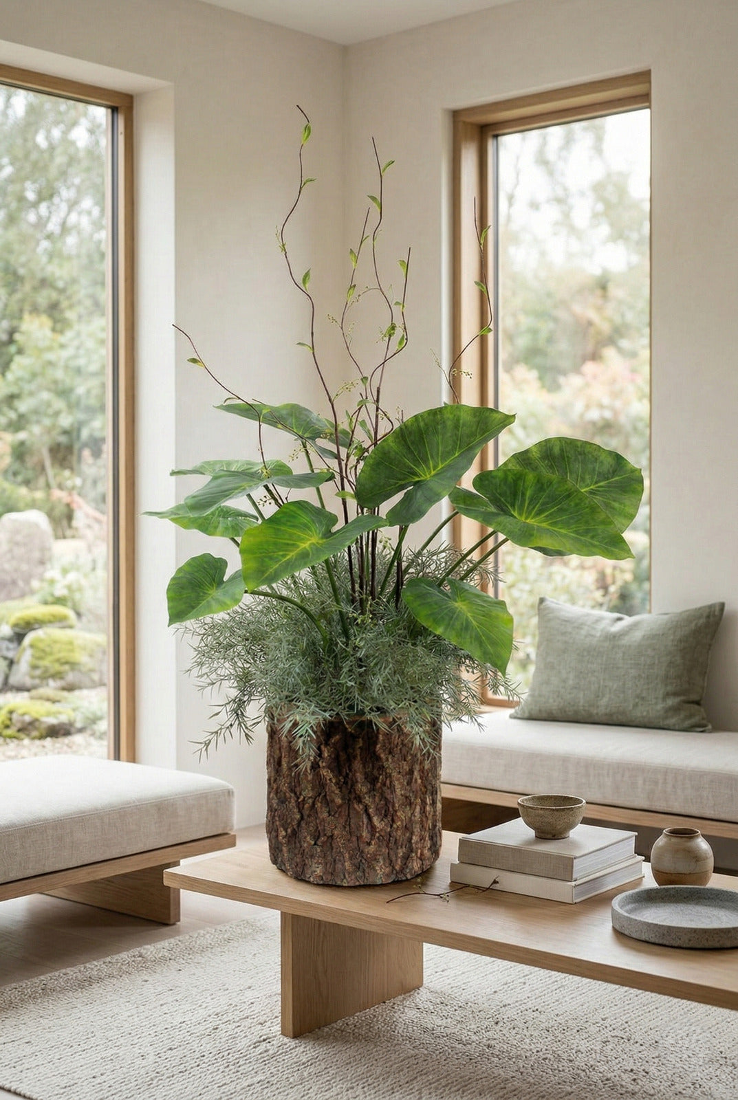 ALOCASIA E FOLHAGEM EM CACHEPOT TRONCO 1100 CM Cod: A7206