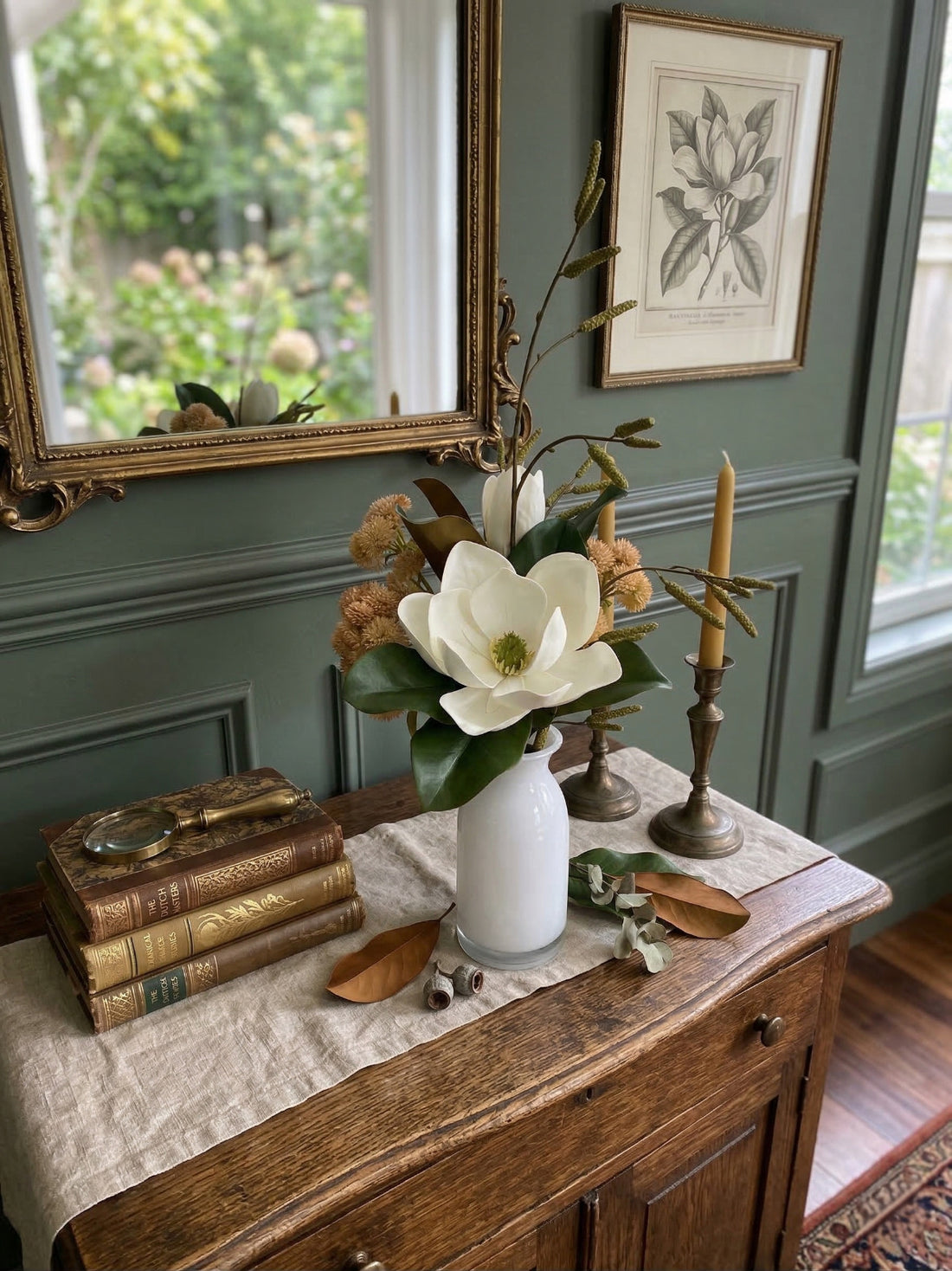 MAGNOLIA C/ SEDUM EM VASO VIDRO, 60CM Cod: A7287