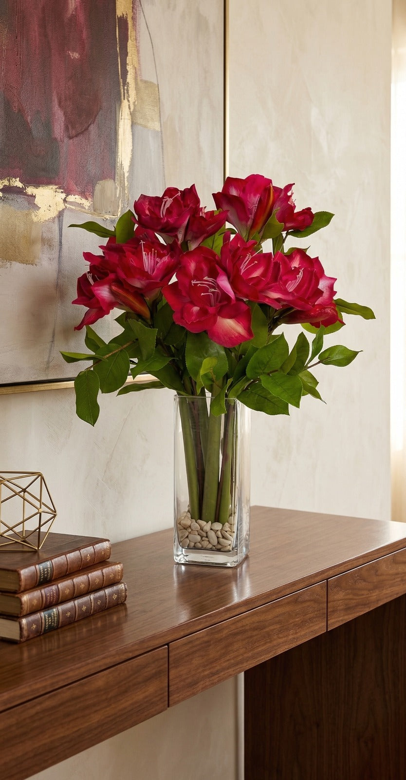 AMARYLLIS VM C/ FOLHAGEM EM VIDRO 65CM Cod: A7297