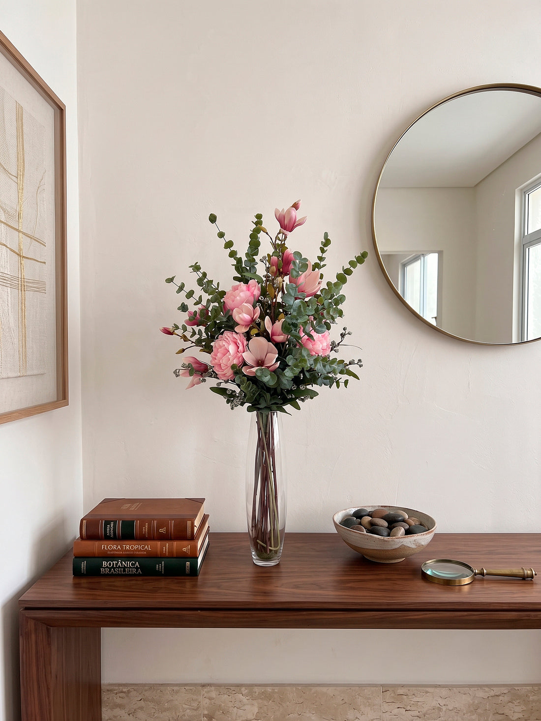 MAGNOLIAS E PEONIAS EM VIDRO, 105CM Cod: A7446