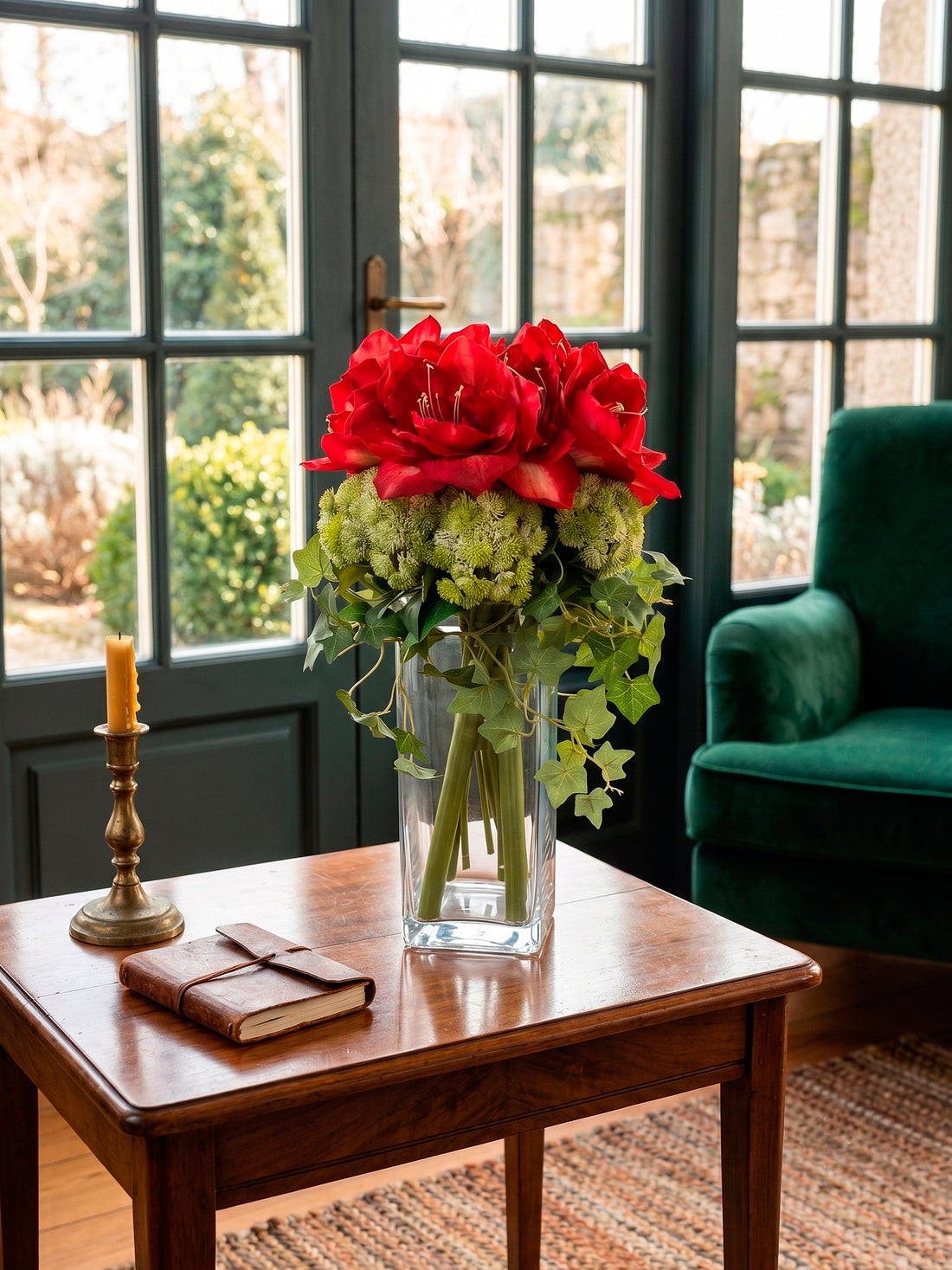 AMARYLLIS VM E SEDUM EM VIDRO, 50CM Cod: A7447