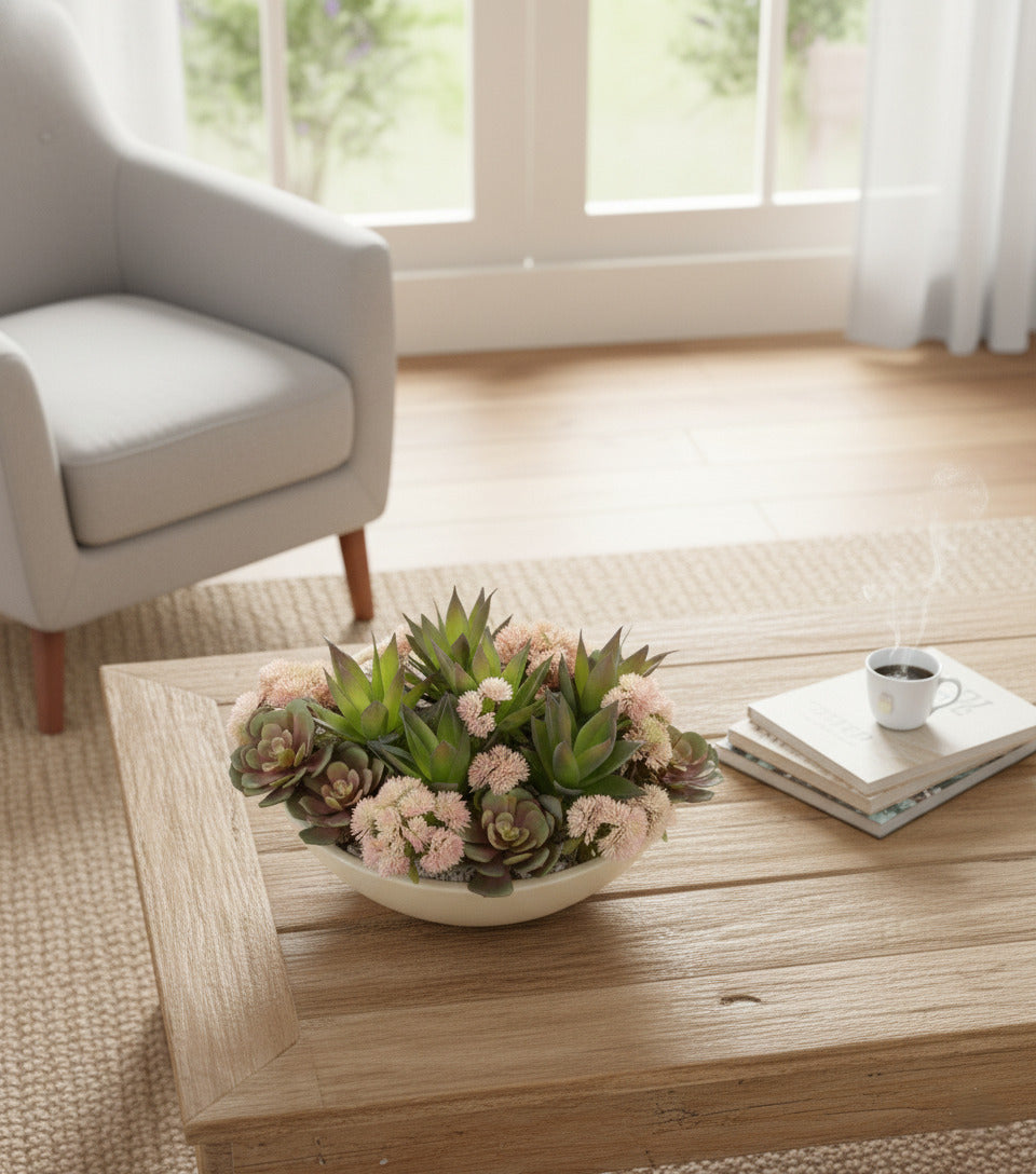 JARDIM DE SUCULENTAS ROSADO EM VPP 33CM DIAM Cod: A6736